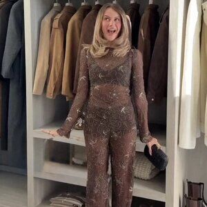 SIZE S l ZARA NWT FW25 BROWN BEADED EMBROIDERED DRAPED TULLE TOP BLOUSE